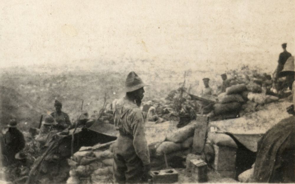 Wellington Infantry at the rear of the Apex beside their dugouts looking down Chailak Dere, 1915